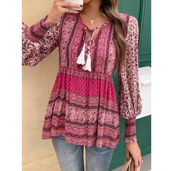 Pink Floral Printed Boho Long Sleeve Blouse Loose Fit Neck Ties Tassels Buttons - Picture 5 of 7